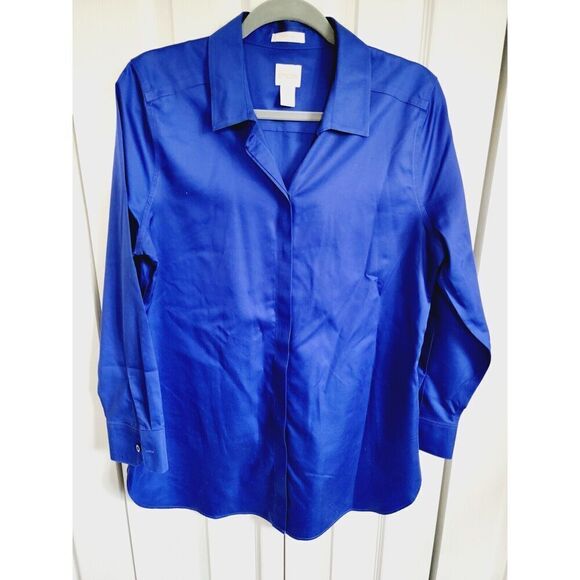 Chico's 1 No‎ Iron Top Blouse Button Front Royal Blue Long Sleeve Cotton Medium - Picture 1 of 7